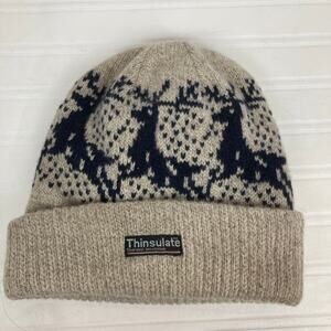 Thinsulate Knit Wool Bld Beanie Hat Tan Black Winter Reindeer Holidays Christmas